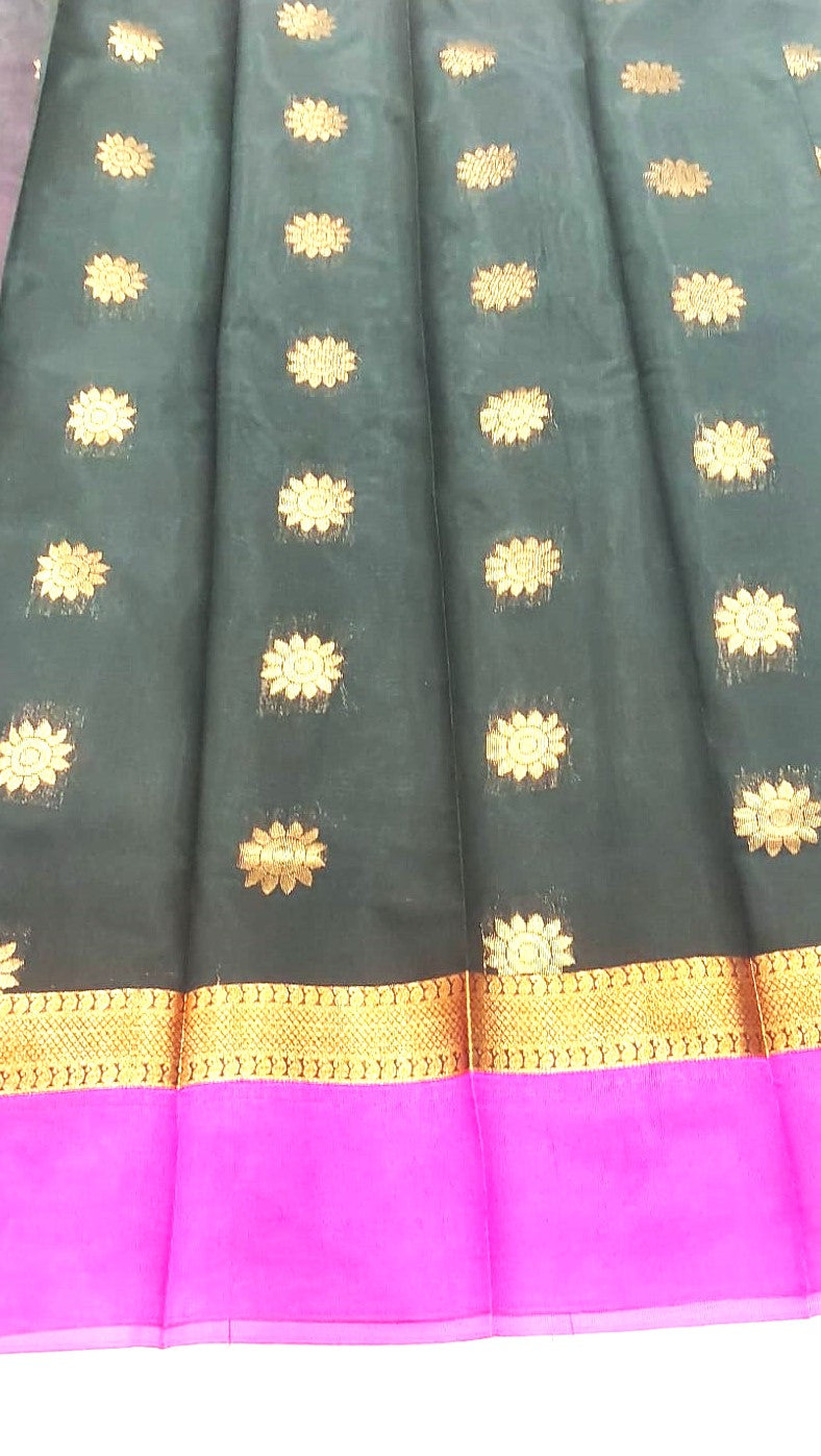 Kanchipuram Silk Cotton Saree in Black with Pink Contrast Border