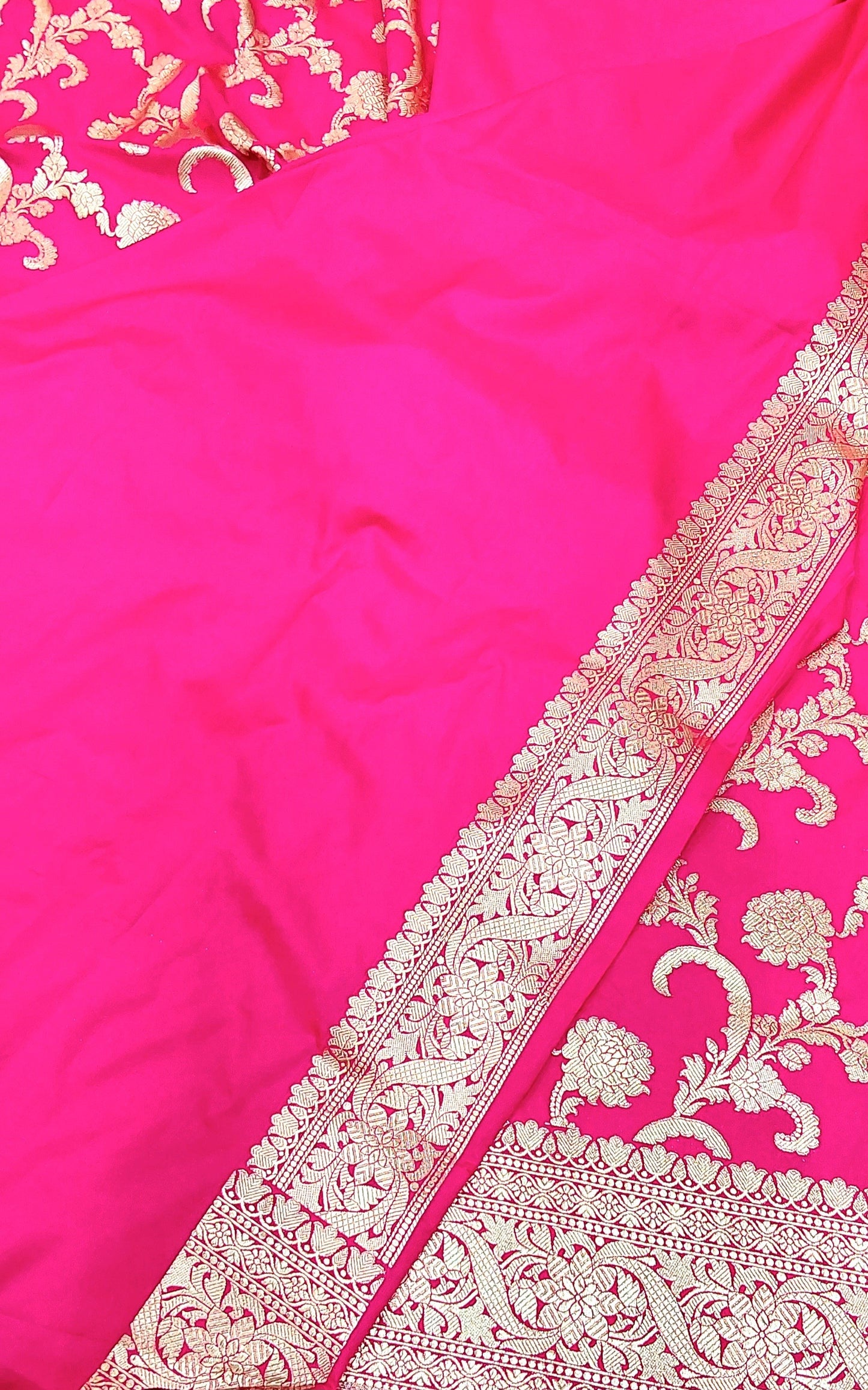 Rani Pink Banarasi Saree with Silver Zari Kodi Malar Designs