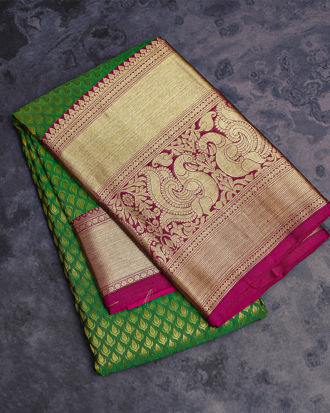 Green Jacquard Kanchipuram Saree with Contrast Pink Border