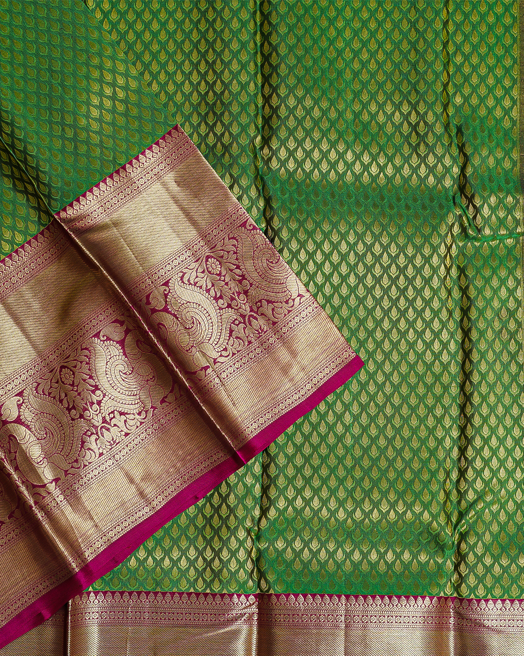 Green Jacquard Kanchipuram Saree with Contrast Pink Border