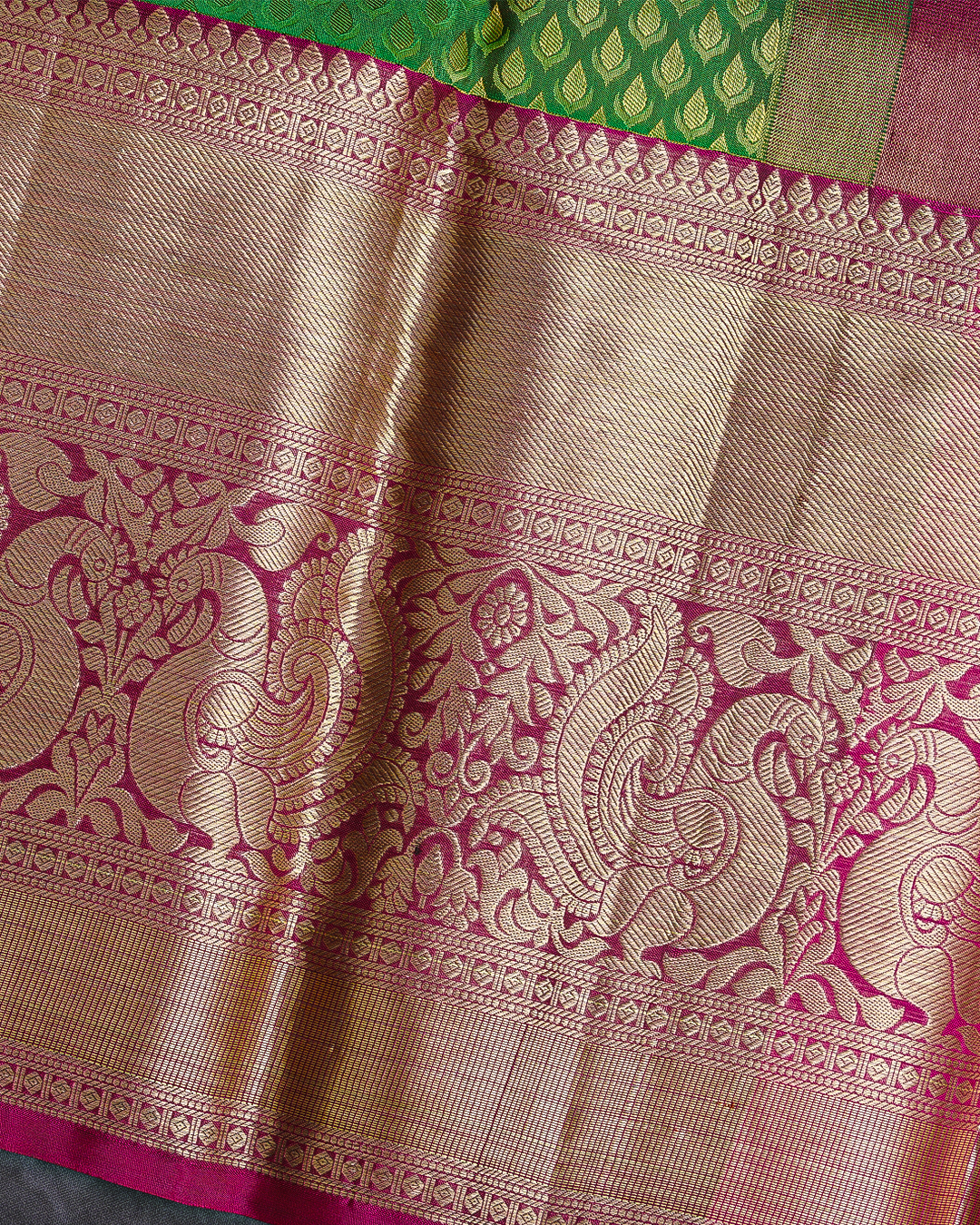 Green Jacquard Kanchipuram Saree with Contrast Pink Border