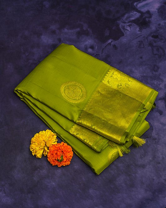 Olive Green Soft Silk Saree with Self-Color Border