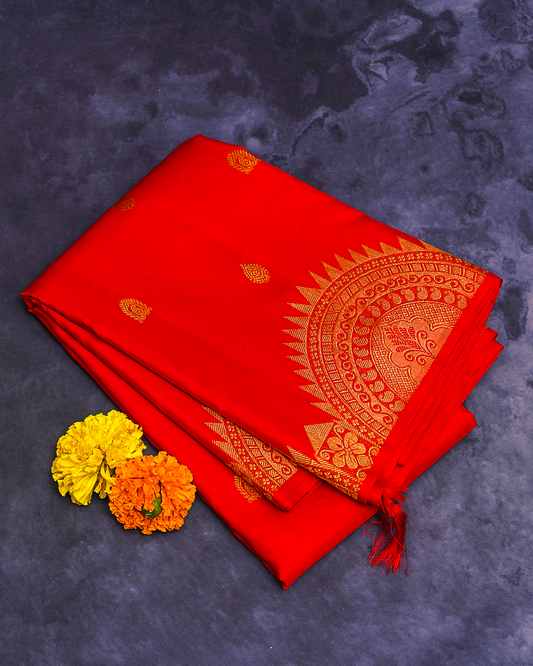 Chilly Red Kanchipuram Silk Saree with Intricate Zari Work