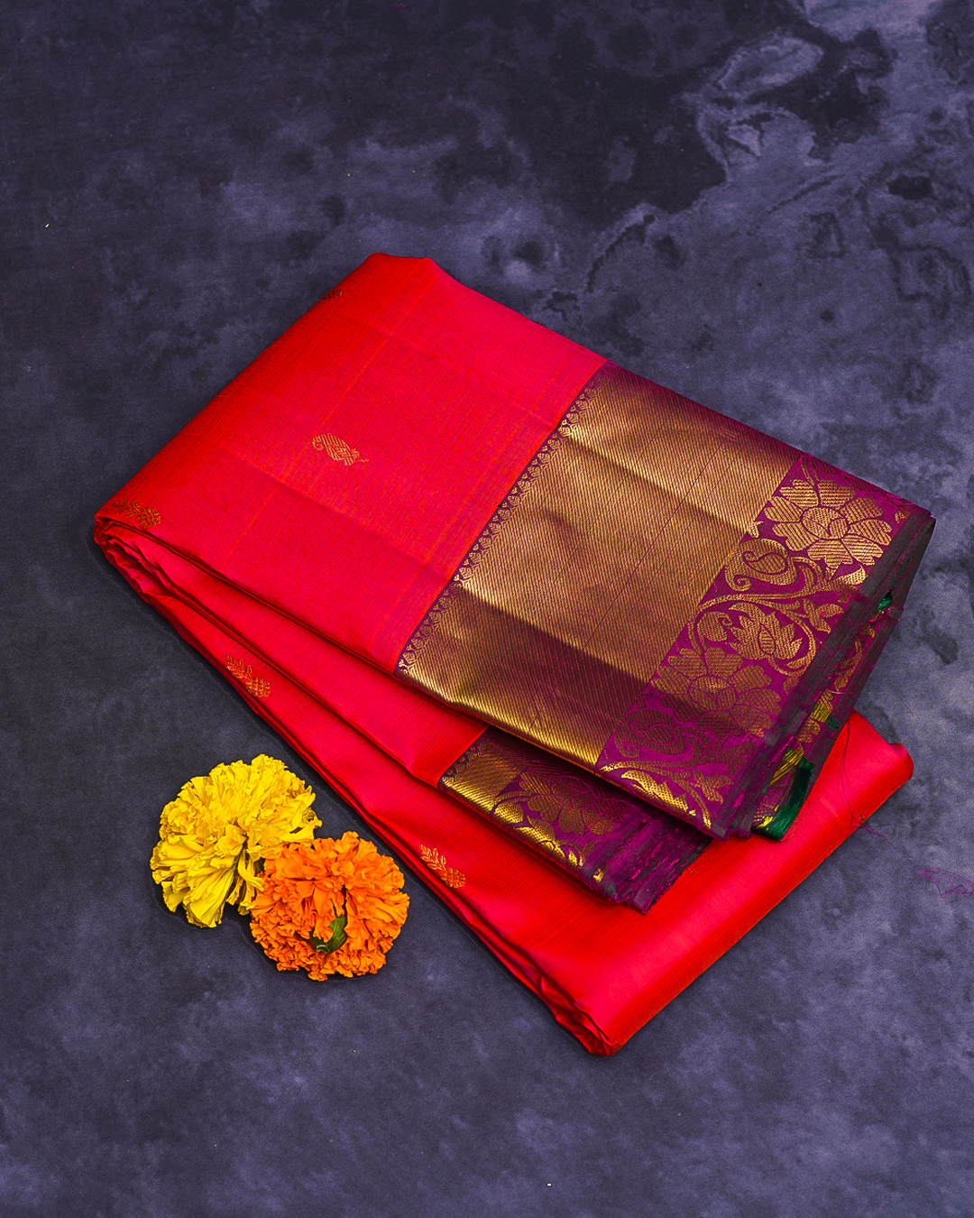 Red Soft Silk Saree with Purple Getti Zari Border