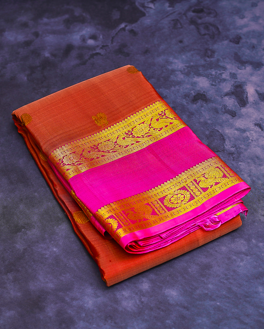 Dark Orange Soft Silk Saree with Contrast Pink Border