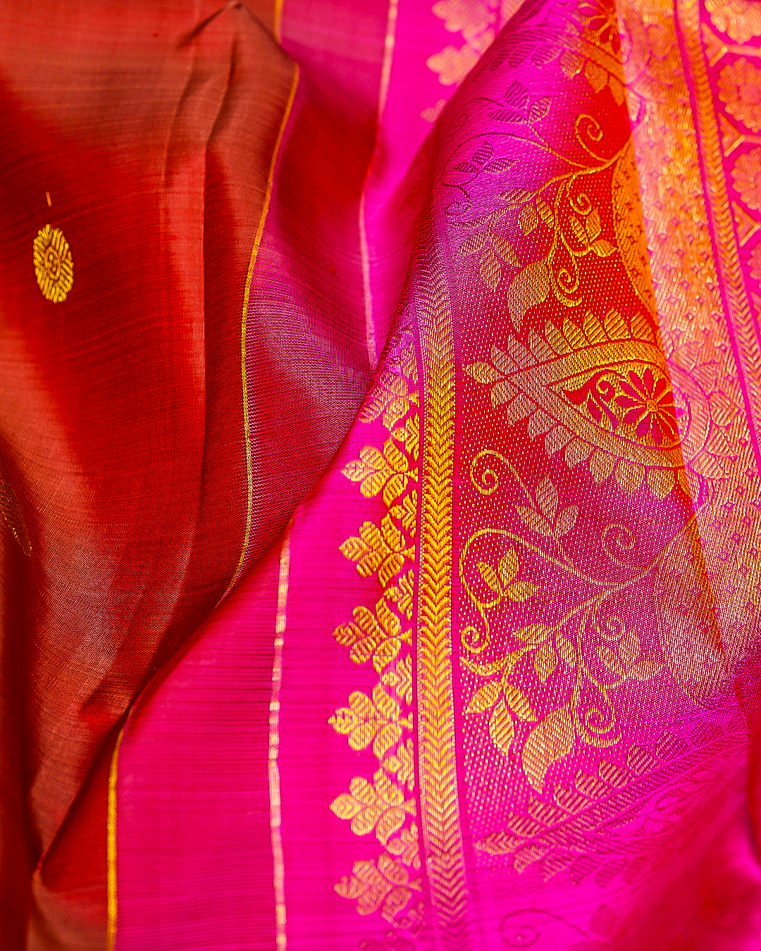 Dark Orange Soft Silk Saree with Contrast Pink Border