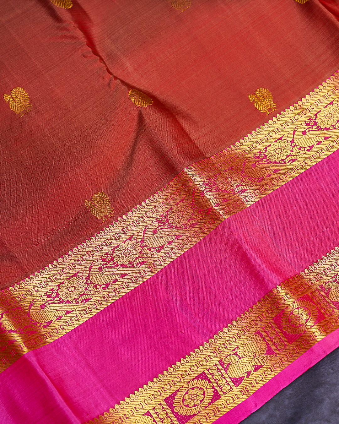 Dark Orange Soft Silk Saree with Contrast Pink Border