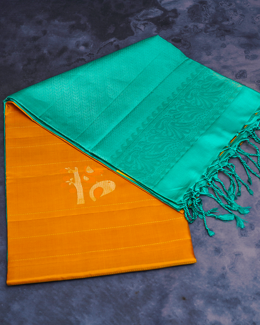 Mustard Soft Silk Saree with Contrast Teal Blue Border