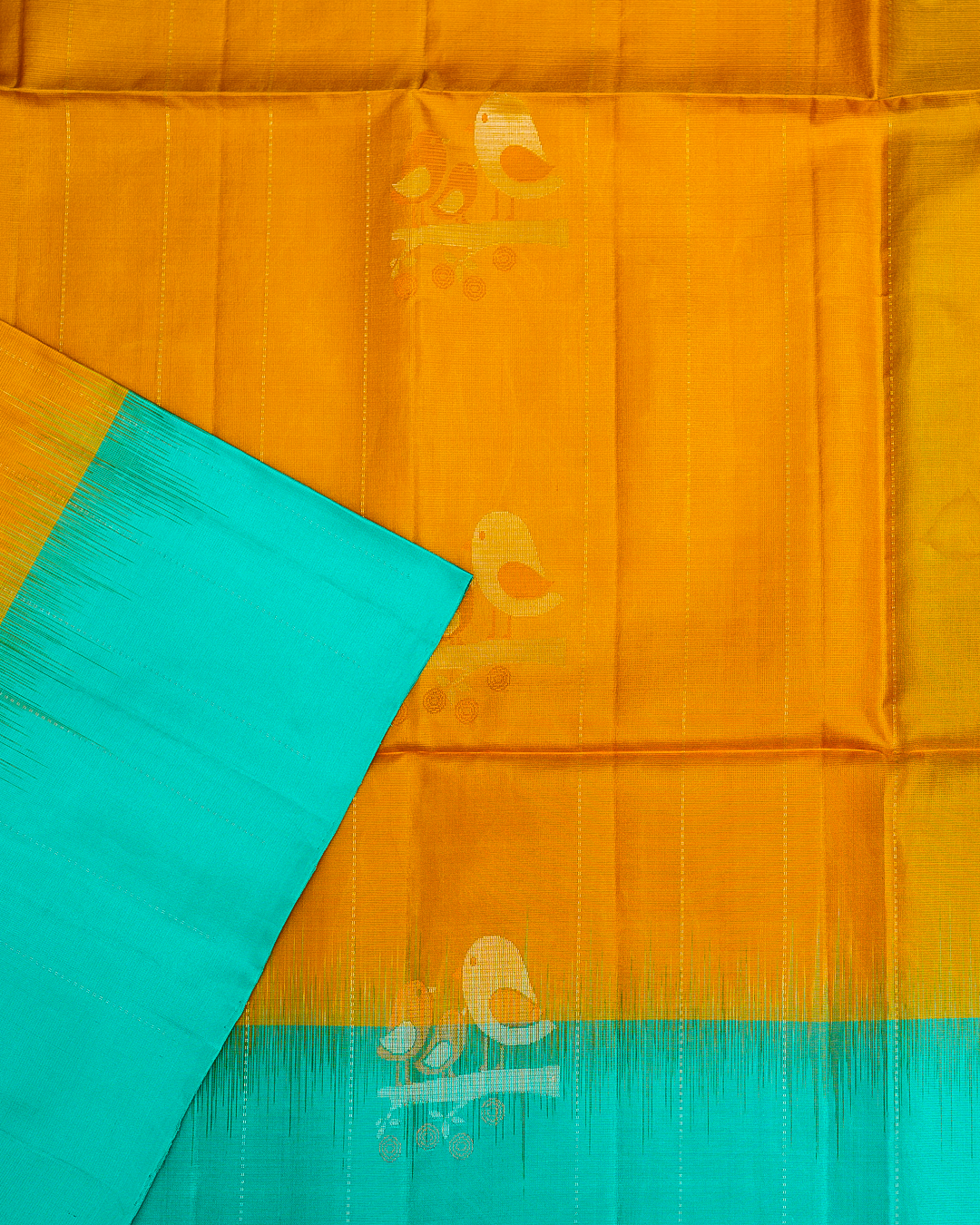 Mustard Soft Silk Saree with Contrast Teal Blue Border