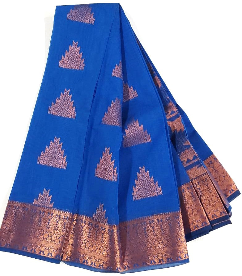 Kanchipuram Silk Cotton Sarees in Blue with Copper Zari border