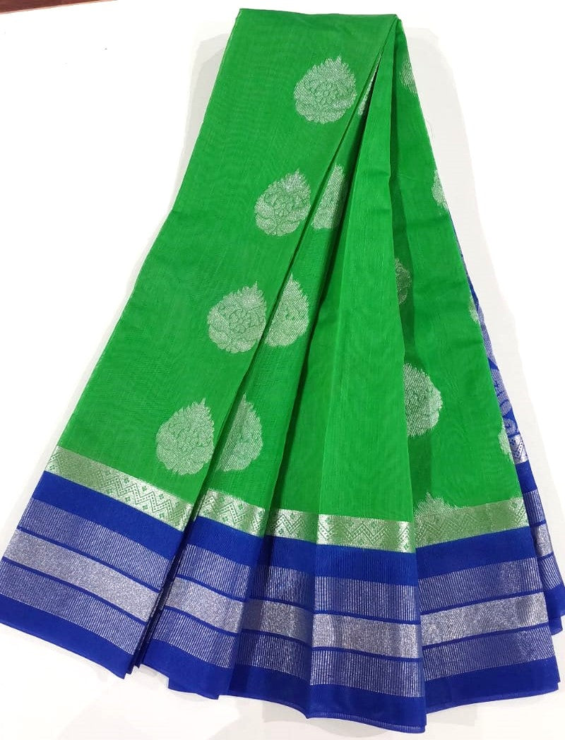 Kanchipuram Silk Cotton Saree in Parrot Green with blue color border