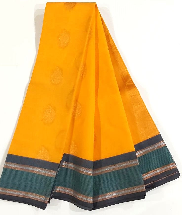 Kanchipuram Silk Cotton Saree in Yellow with multi color border