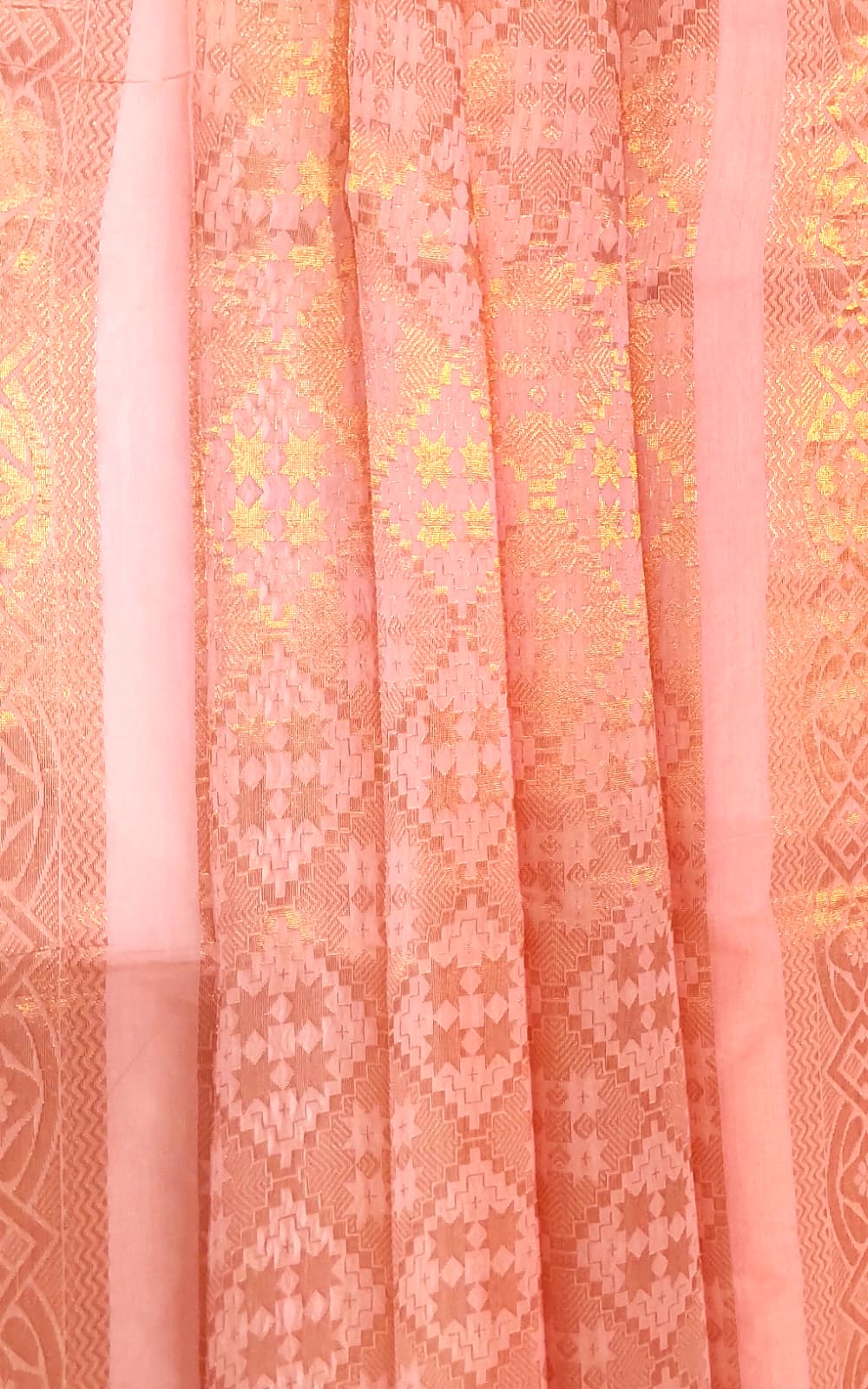 Kanchipuram Silk Cotton Saree in Baby Pink with gold temple Zari border