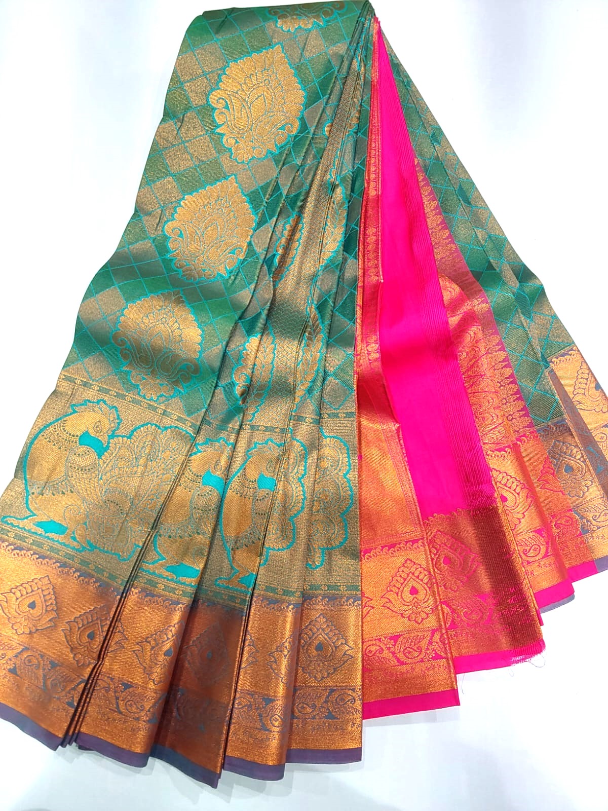 Green Semi-Silk Party Wear Saree with Pink Contrast Border