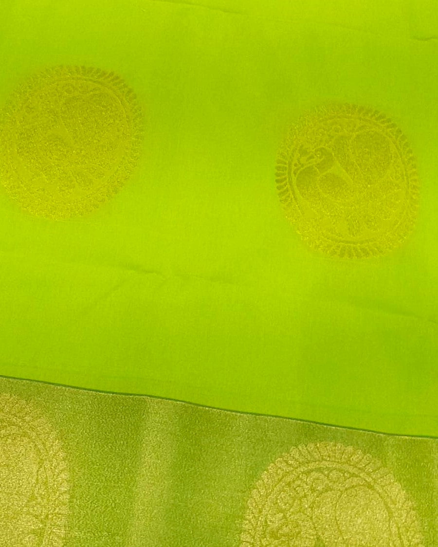 Kanchipuram Silk Cotton Saree in Parrot Green with pink border