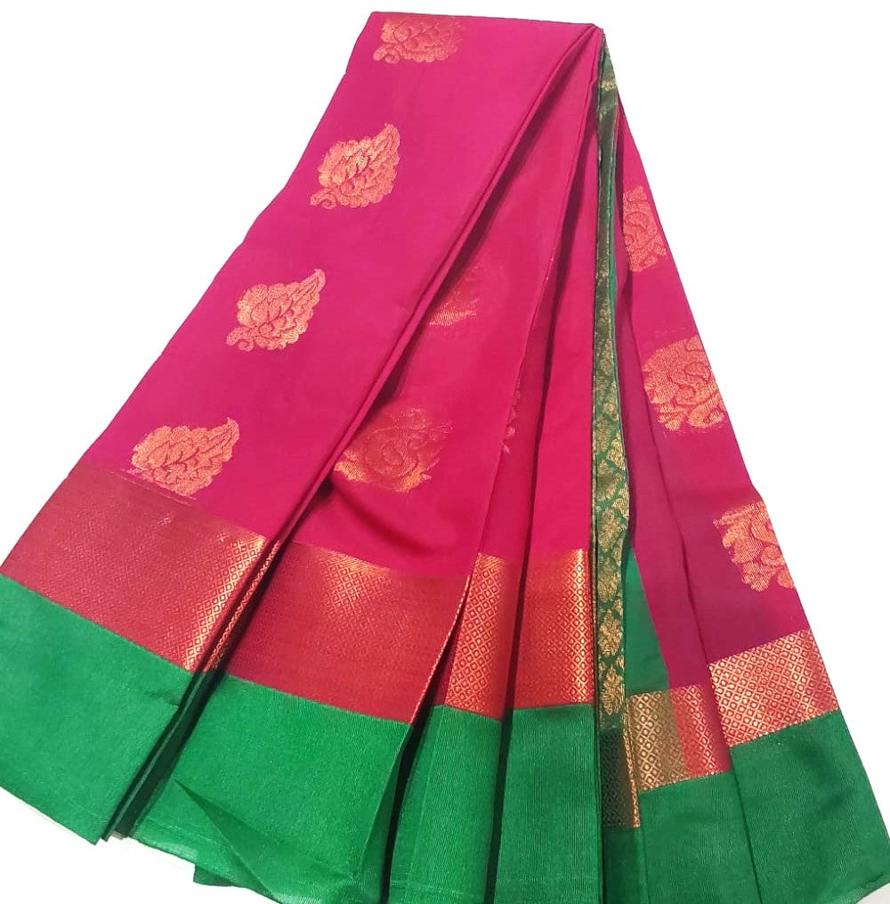 Kanchipuram Silk Cotton Saree in Pink with Green colour border