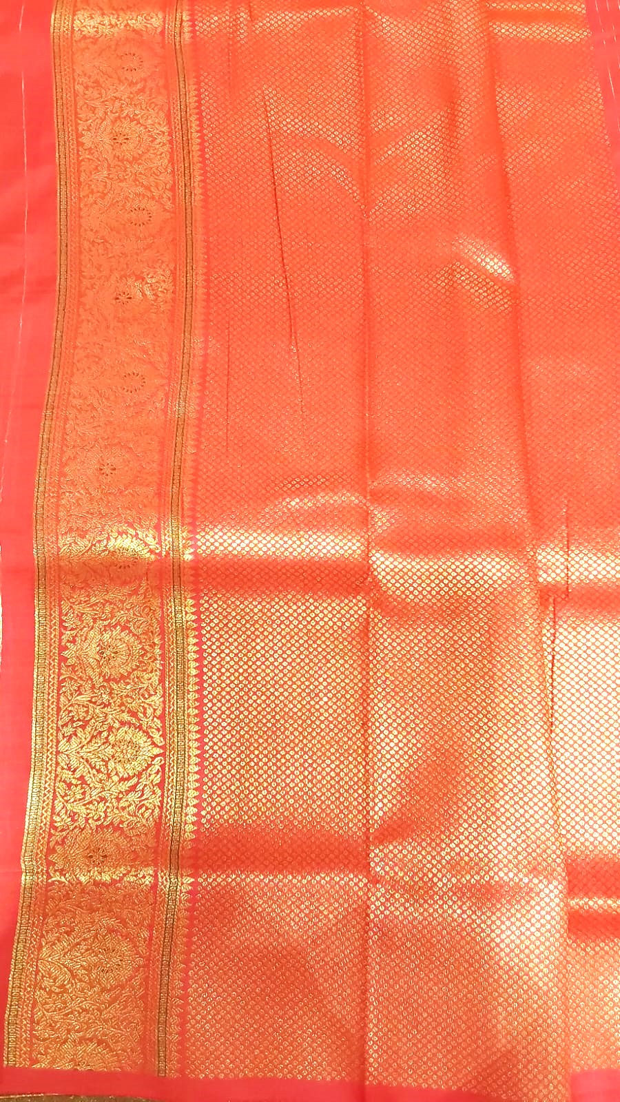 Gold Banarasi Saree with Red Border and Artistic Mango Kodi Malar Patterns