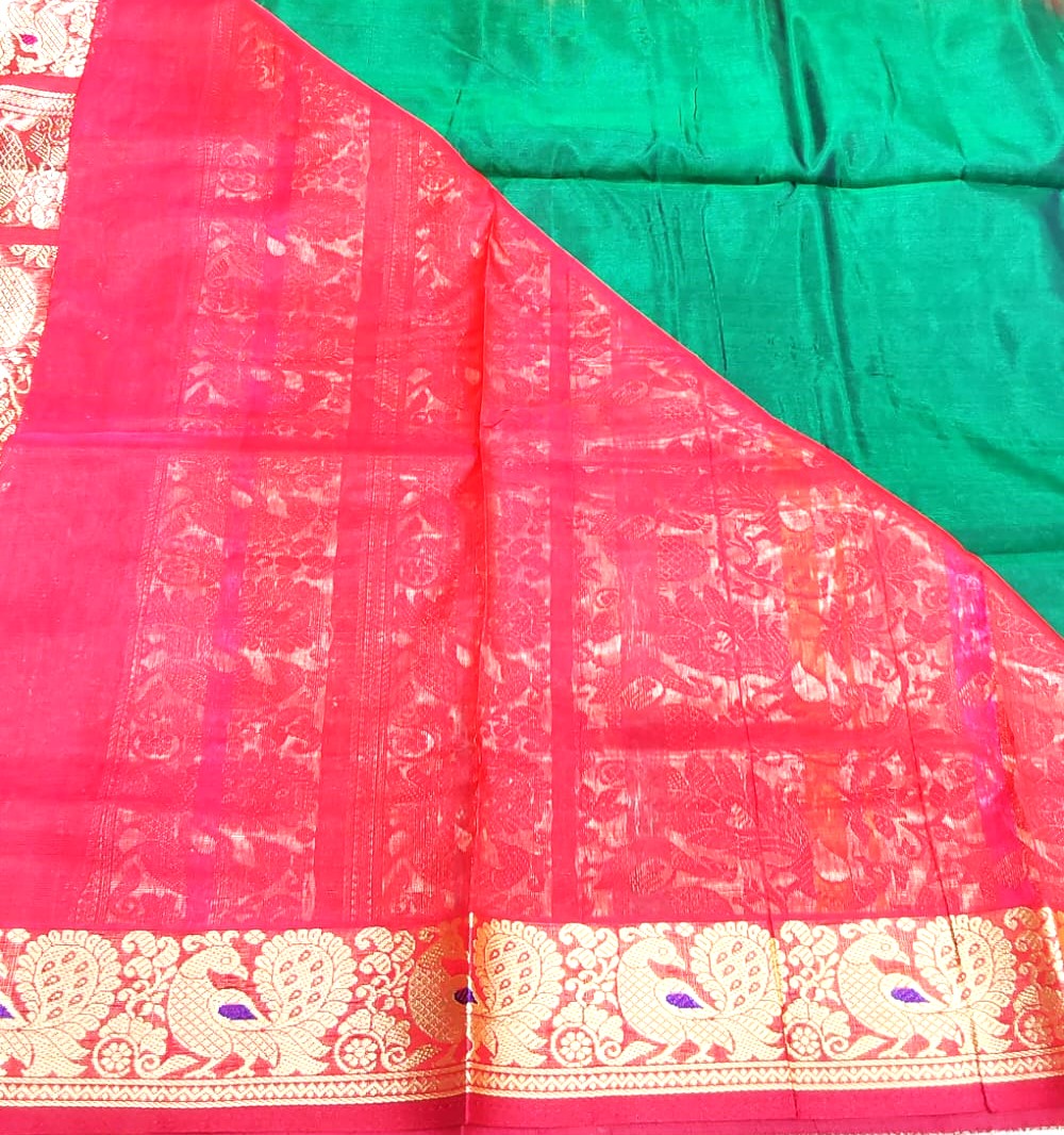 Thread Work Silk Saree in Dark Green with Annam Design