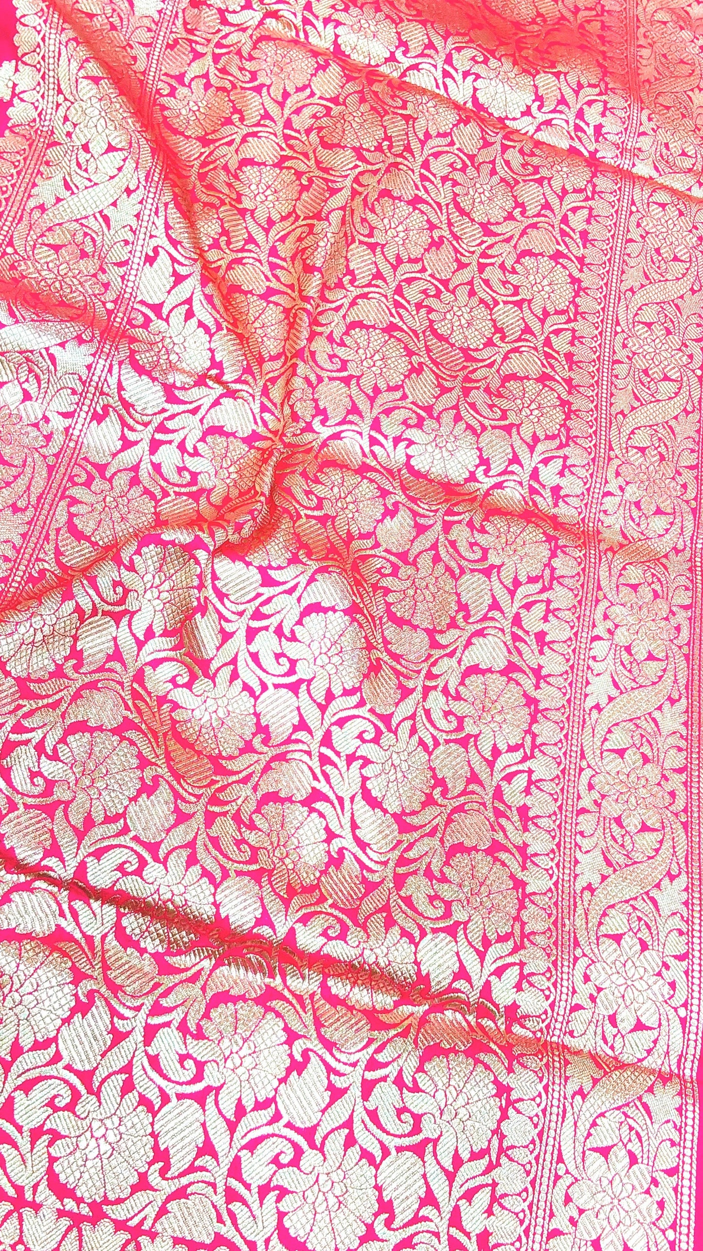 Rani Pink Banarasi Saree with Silver Zari Kodi Malar Designs