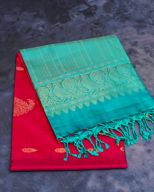 Red Soft Silk Saree with Contrast Blue Border