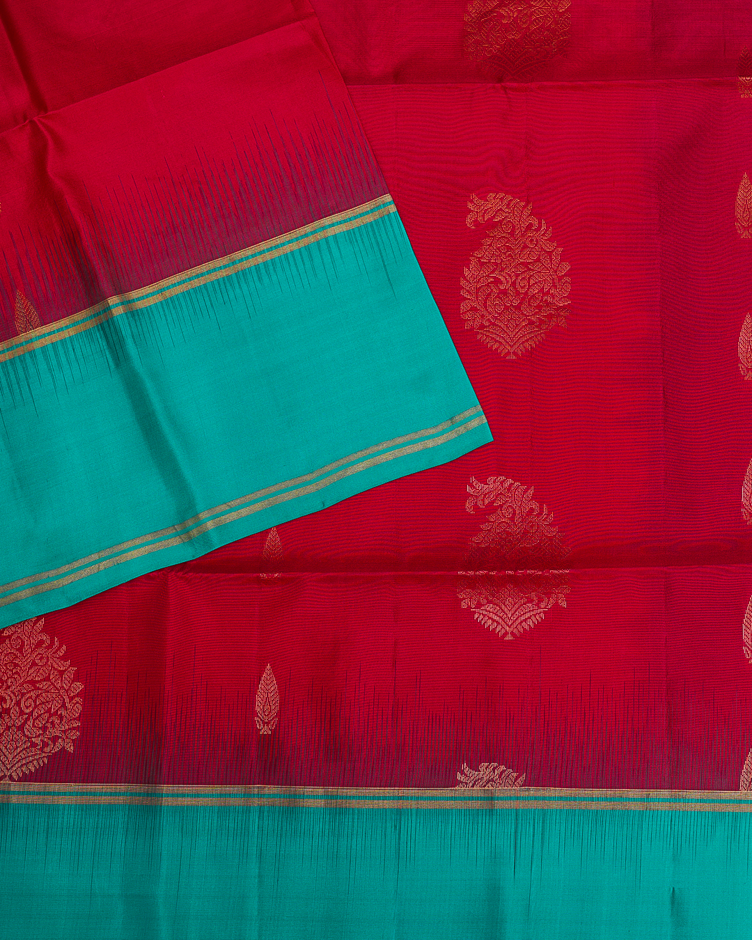 Red Soft Silk Saree with Contrast Blue Border