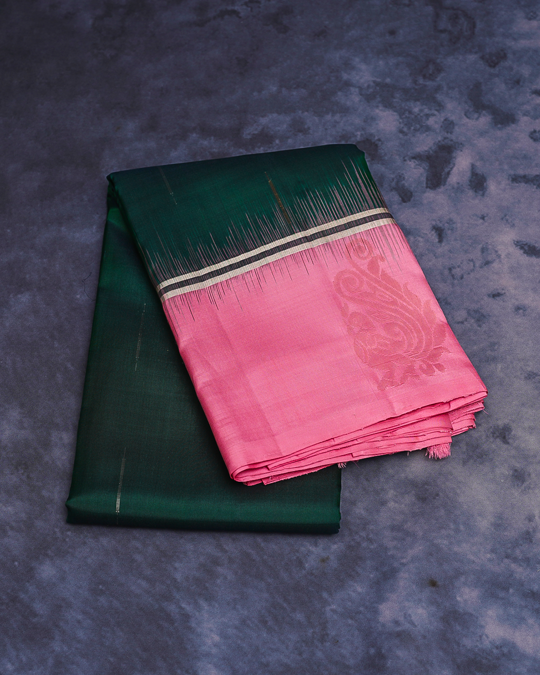 Dark Green Soft Silk Saree with Contrast Pink Border