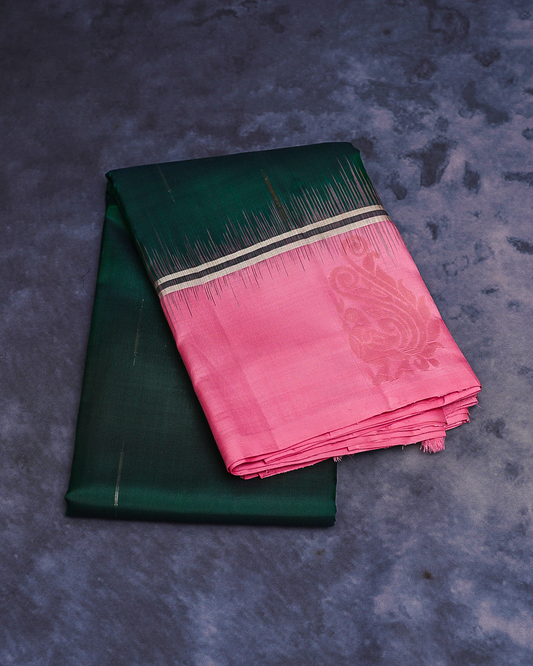 Dark Green Soft Silk Saree with Contrast Pink Border