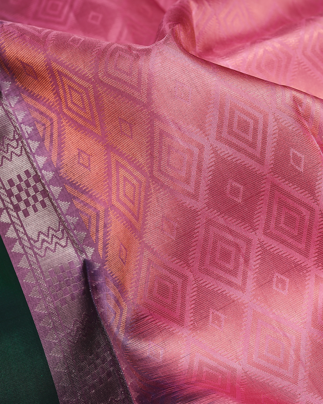 Dark Green Soft Silk Saree with Contrast Pink Border