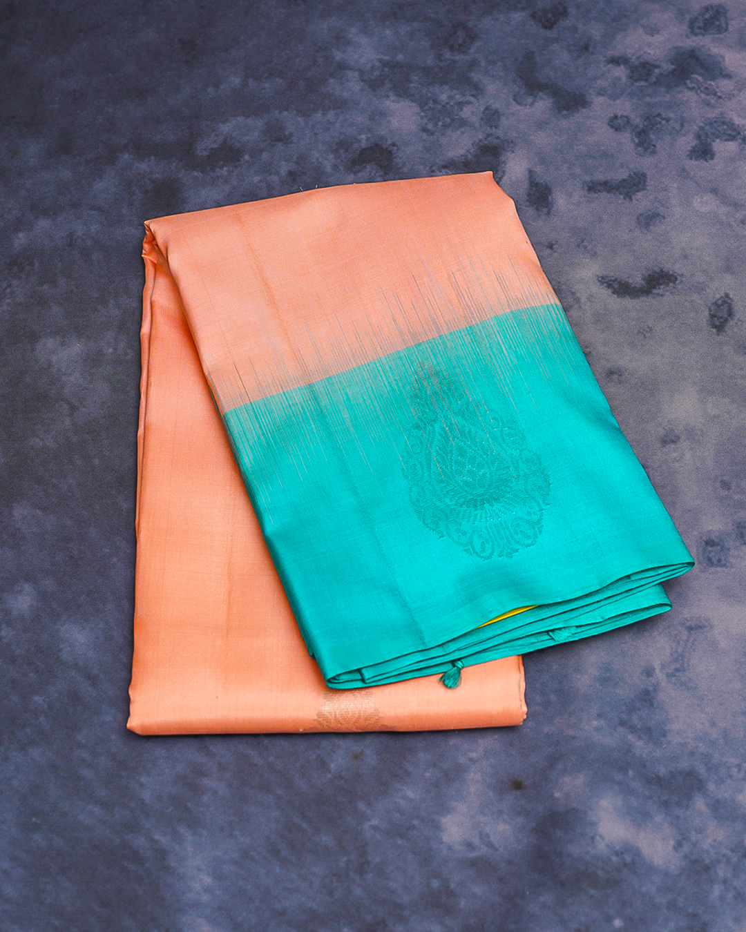 Peach Soft Silk Saree with Contrast Teal Blue Border