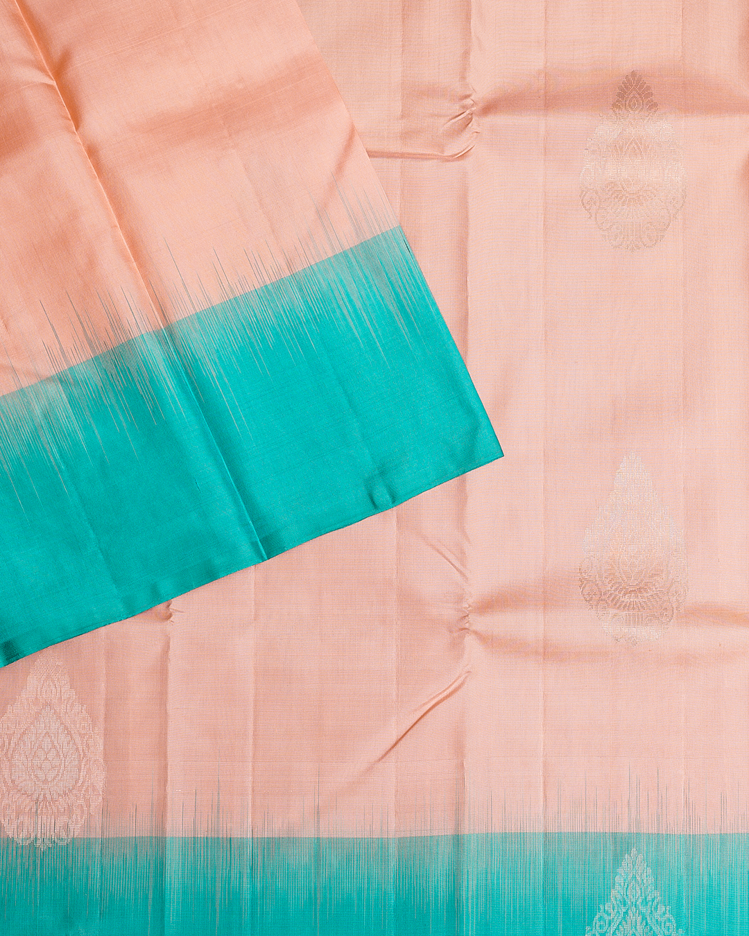 Peach Soft Silk Saree with Contrast Teal Blue Border