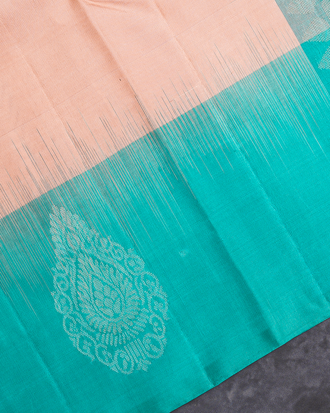 Peach Soft Silk Saree with Contrast Teal Blue Border