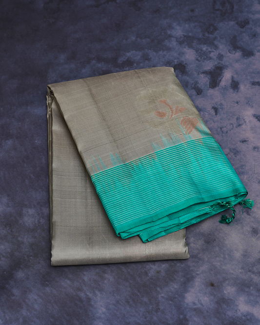 Grey Soft Silk Saree with Contrast Light Blue Border