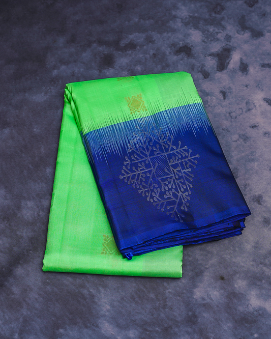 Parrot Green Soft Silk Saree with Dark Blue Border