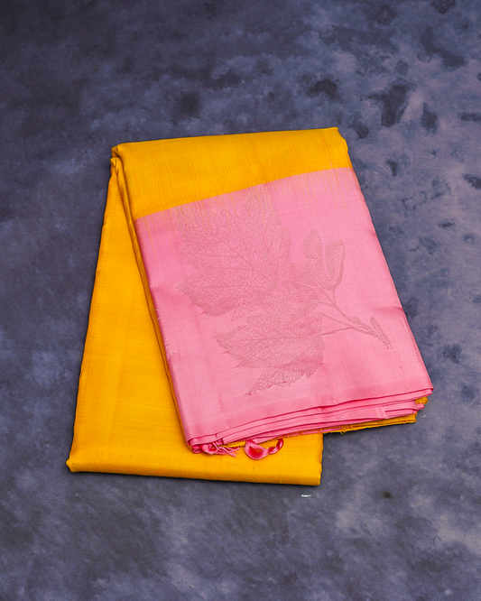 Mango Yellow Soft Silk Saree with Baby Pink Border