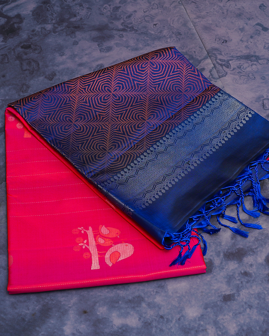 Dark Pink Soft Silk Saree with Contrast Dark Blue Border