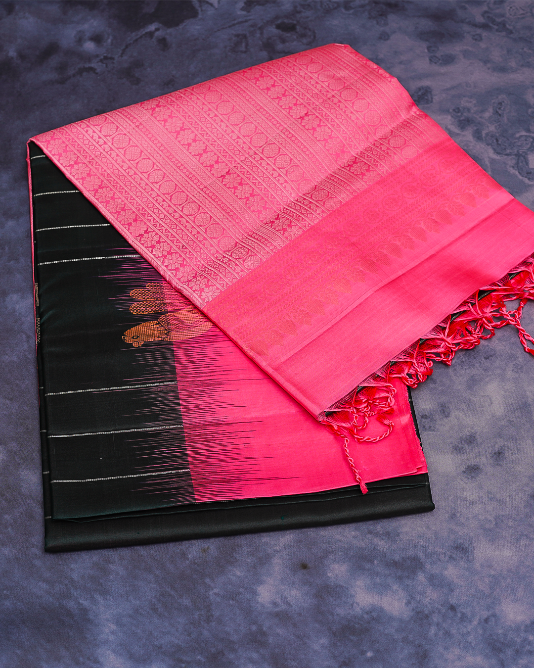 Black Soft Silk Saree with Contrast Rani Pink Border