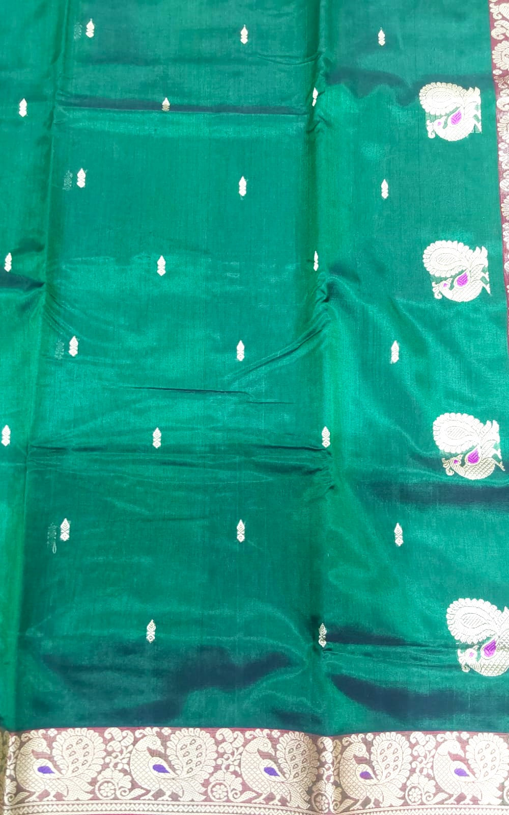 Thread Work Silk Saree in Dark Green with Annam Design