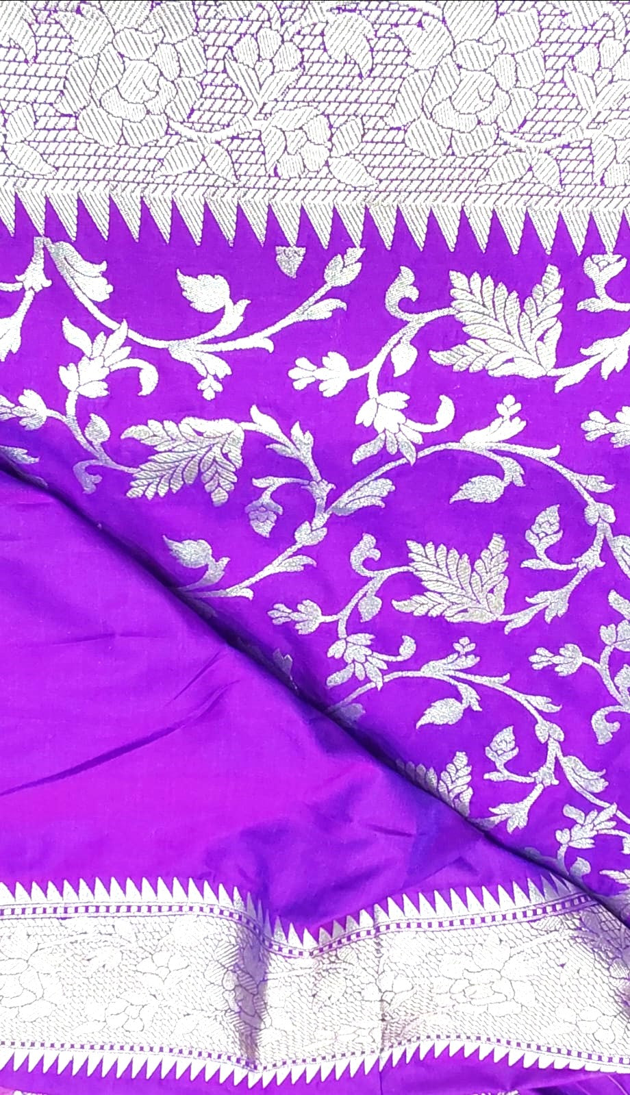 Violet Banarasi Wedding Saree with Silver Zari Kodi Malar Designs