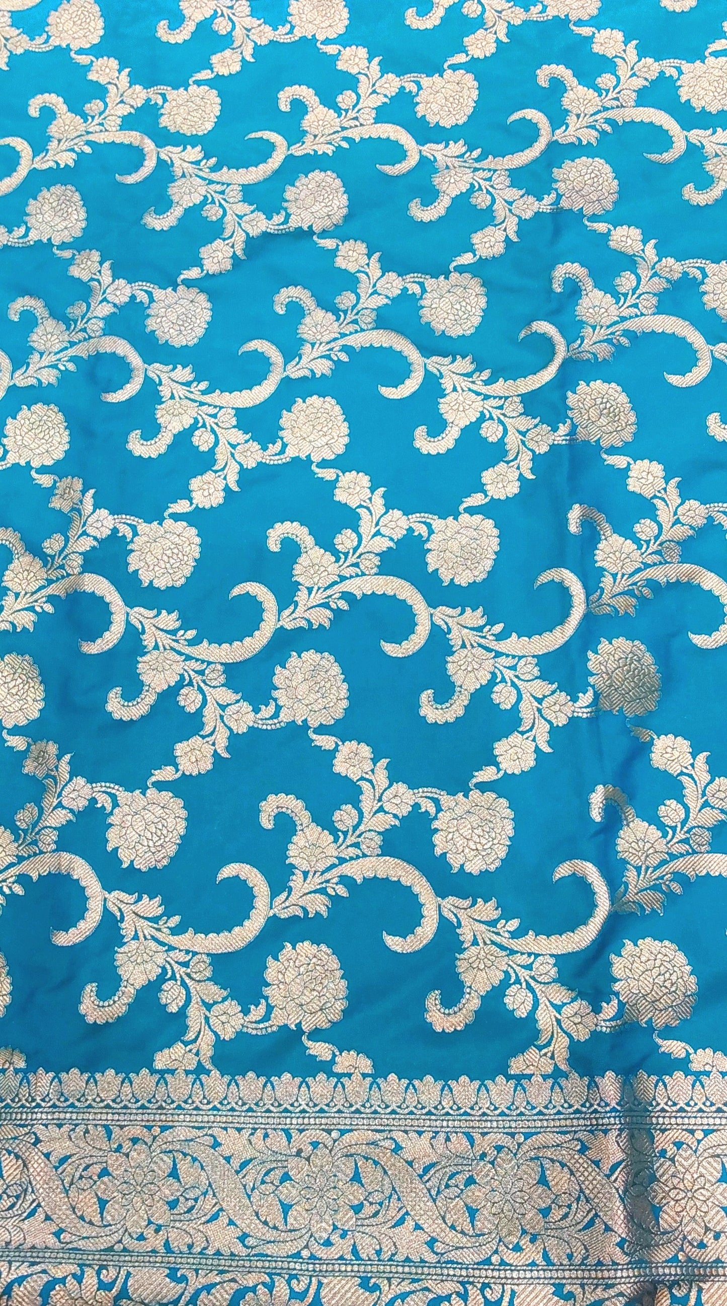 Blue Banarasi Saree with Silver Zari Kodi Malar Designs