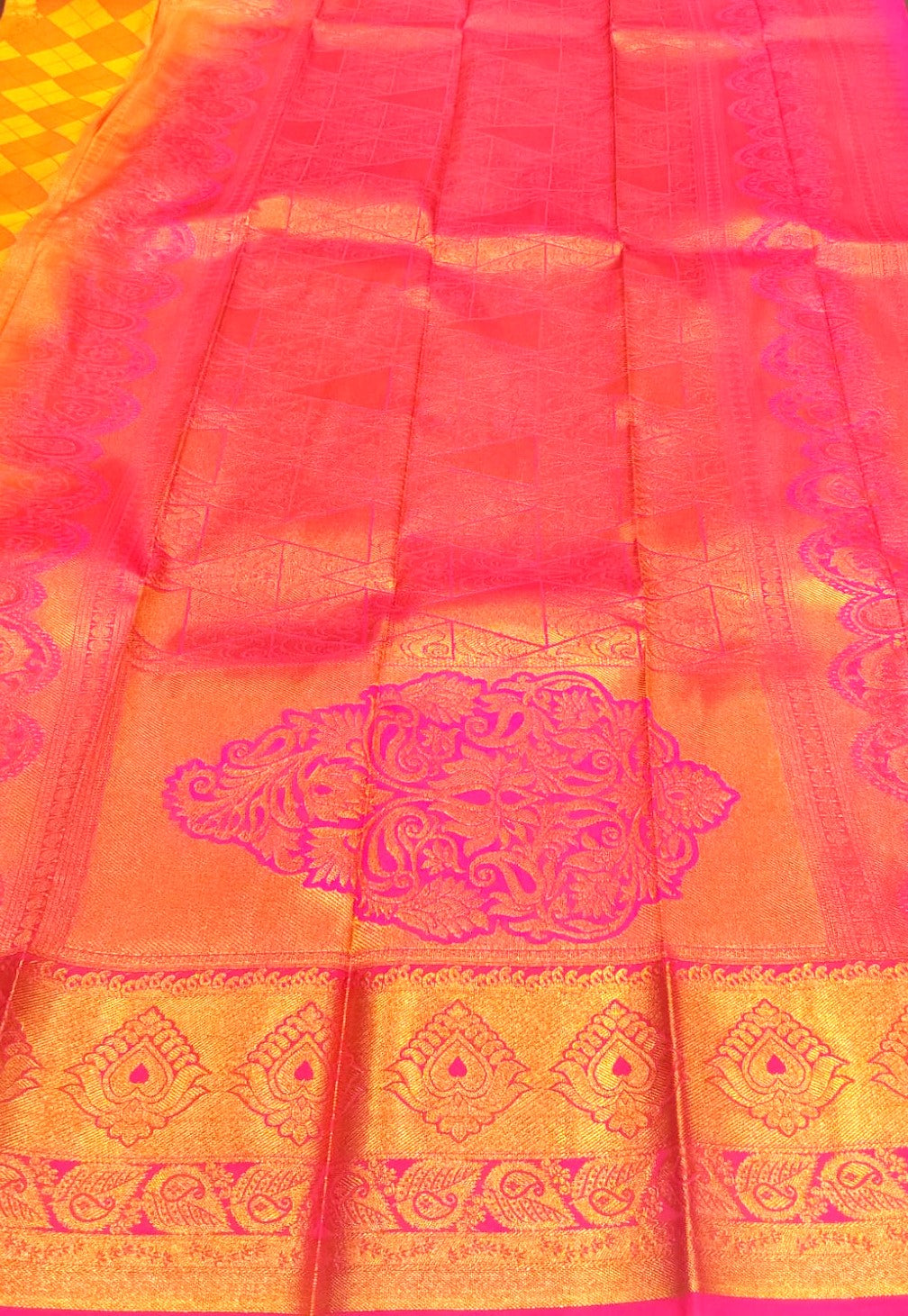 Yellow Semi-Silk Party Wear Saree with Pink Border