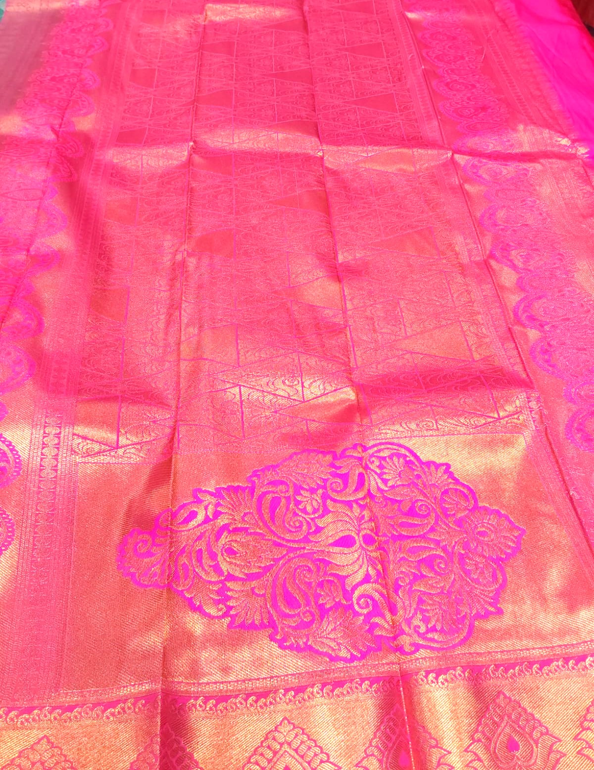 Green Semi-Silk Party Wear Saree with Pink Contrast Border