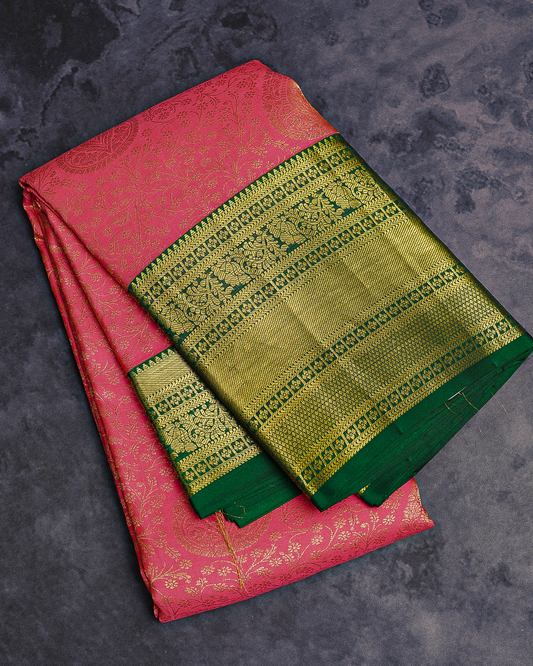 Pink Kanchi Silk Wedding Saree with Kodi Leaf and Tri Leaves Design