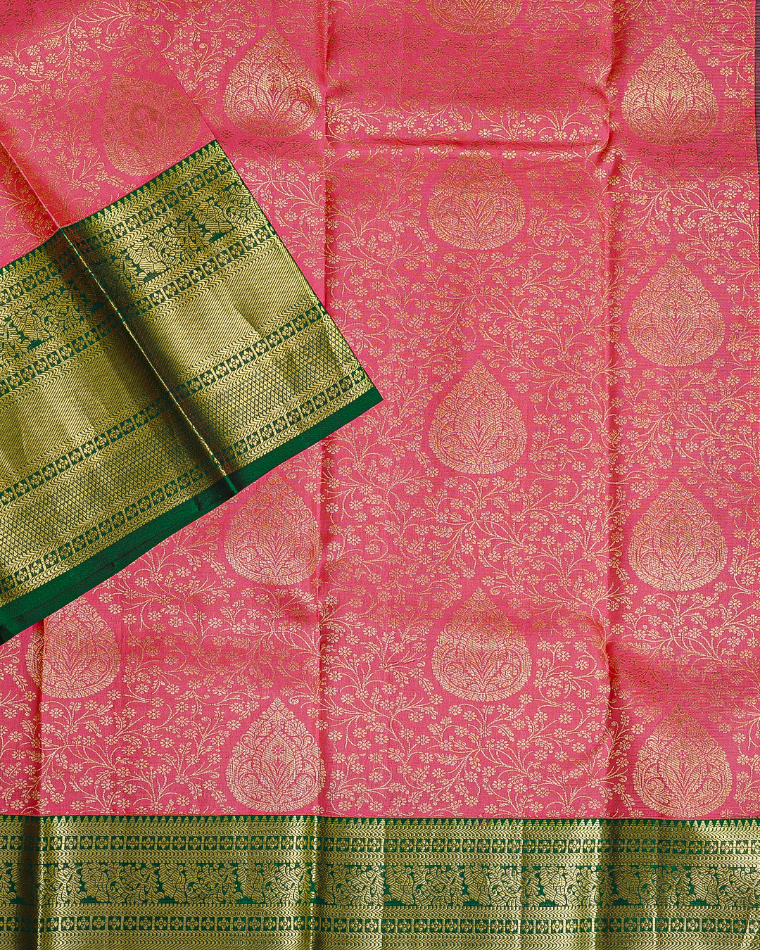 Pink Kanchi Silk Wedding Saree with Kodi Leaf and Tri Leaves Design