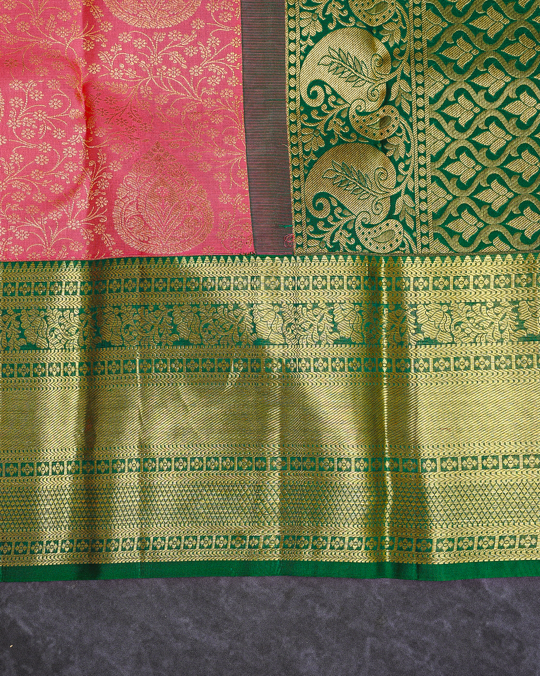 Pink Kanchi Silk Wedding Saree with Kodi Leaf and Tri Leaves Design