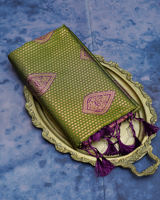 Green Semi-Silk Saree with Contrast Violet Border