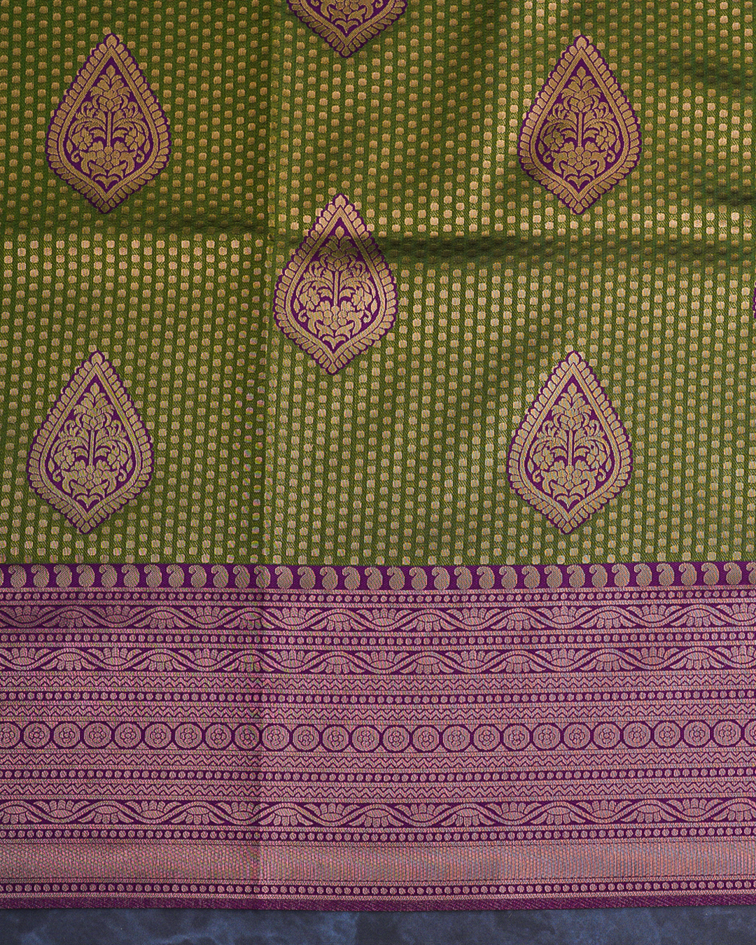 Green Semi-Silk Saree with Contrast Violet Border