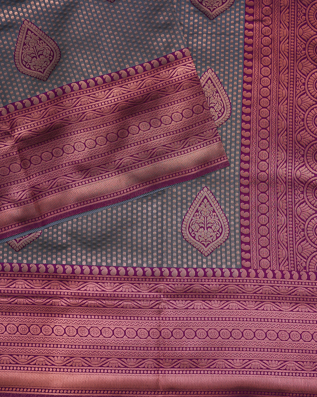 Dark Teal Green Semi-Silk Saree with Contrast Purple Border