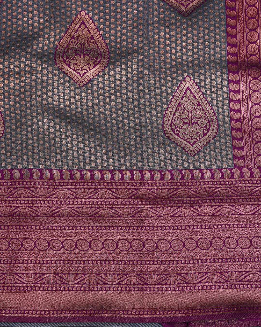 Dark Teal Green Semi-Silk Saree with Contrast Purple Border