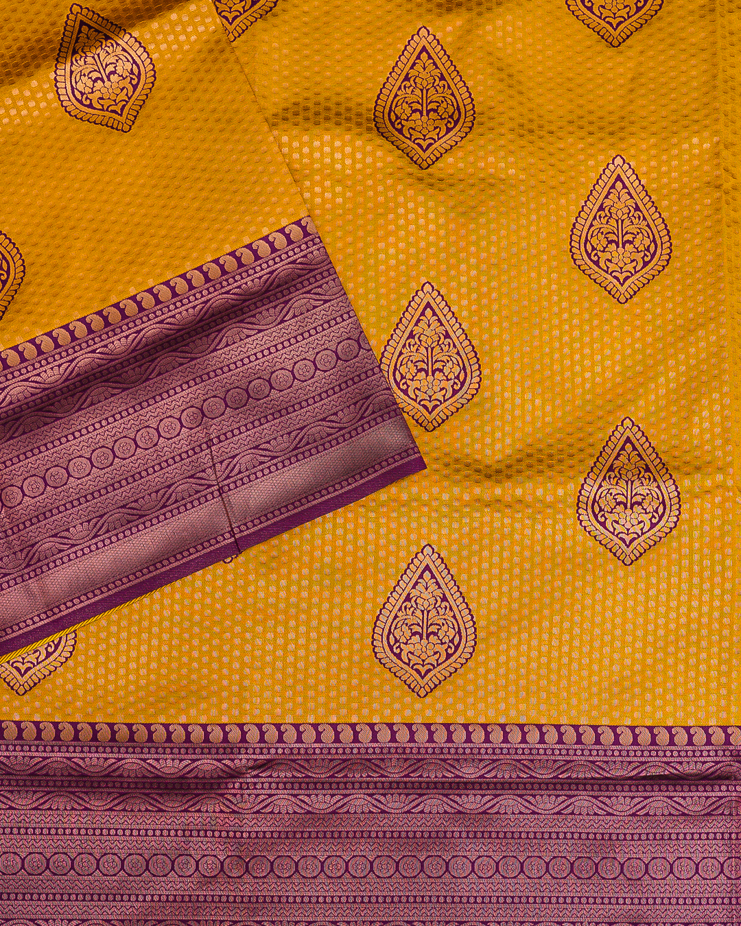 Yellow Semi-Silk Saree with Contrast Violet Border