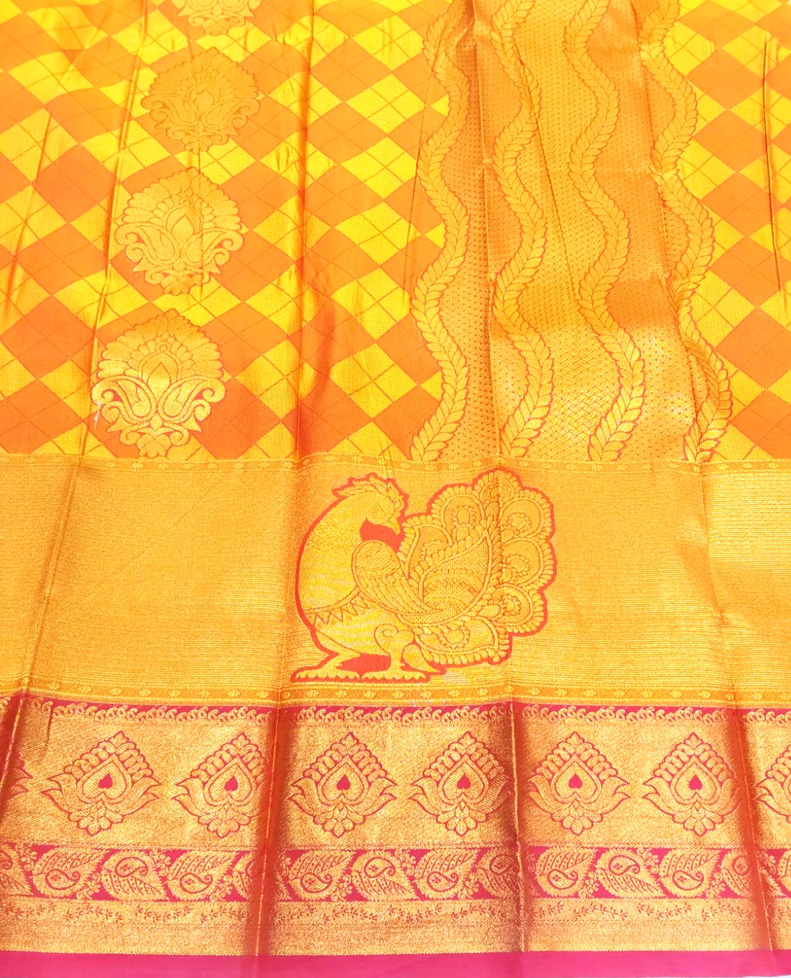 Yellow Semi-Silk Party Wear Saree with Pink Border